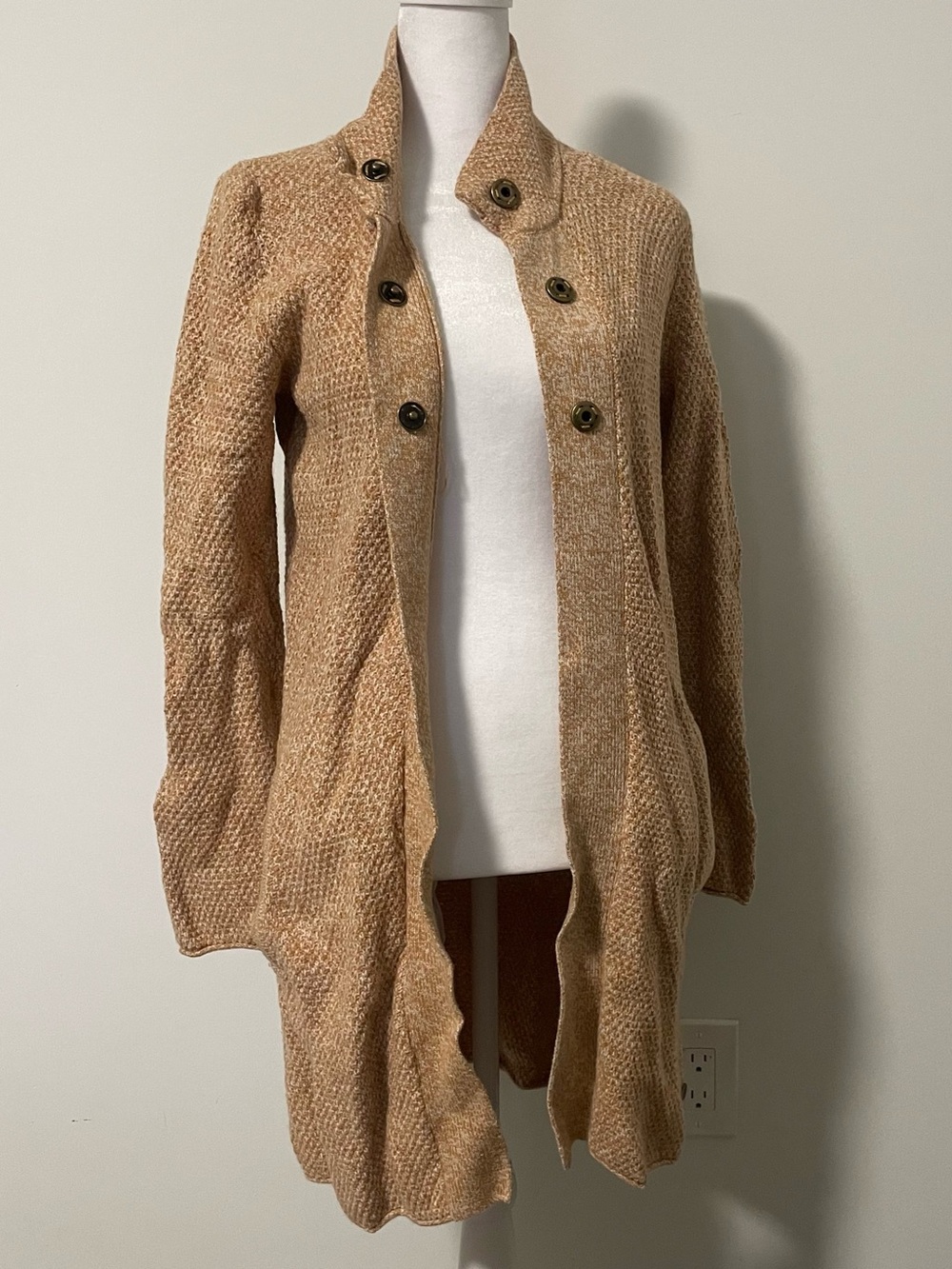 Button-Front Camel Knit Long Cardigan Sweater